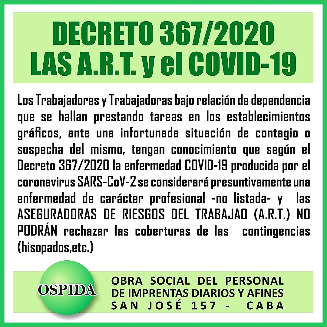 Decreto 367/2020: Las ART y el Covid-19