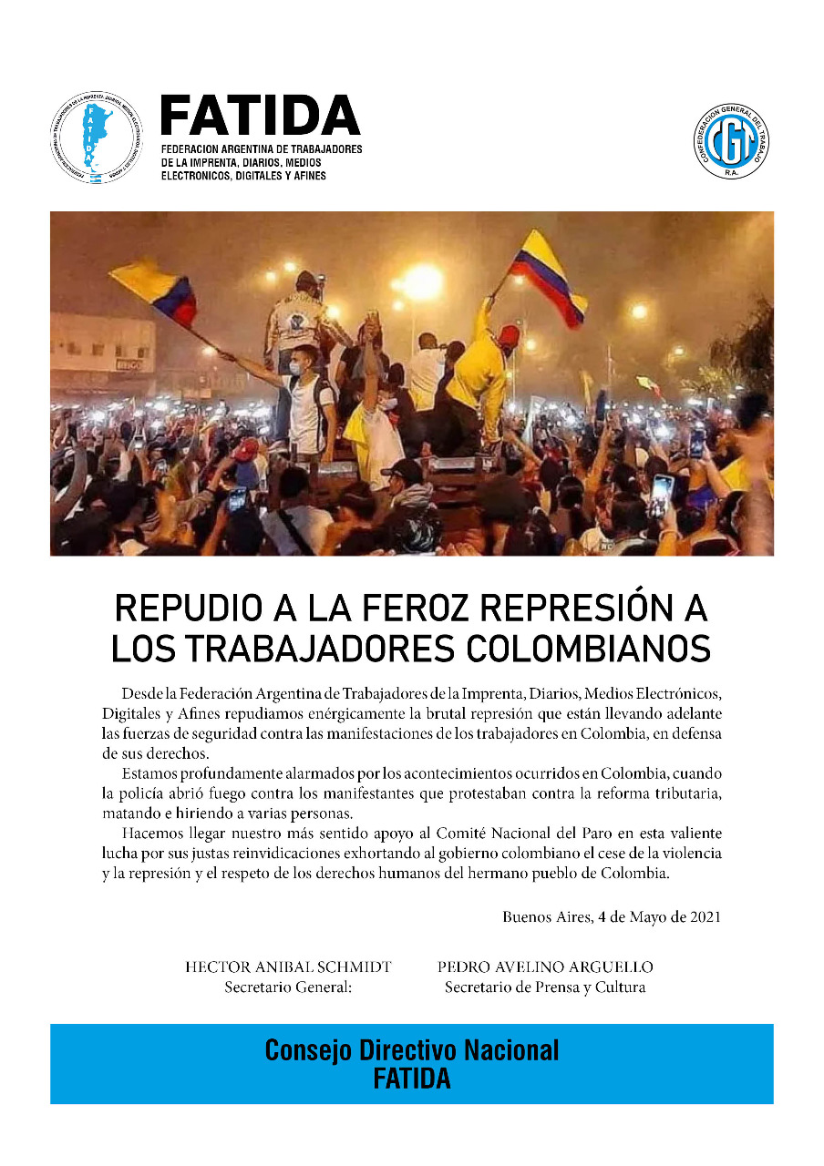 Repudiamos la feroz represión a los trabajadores colombianos