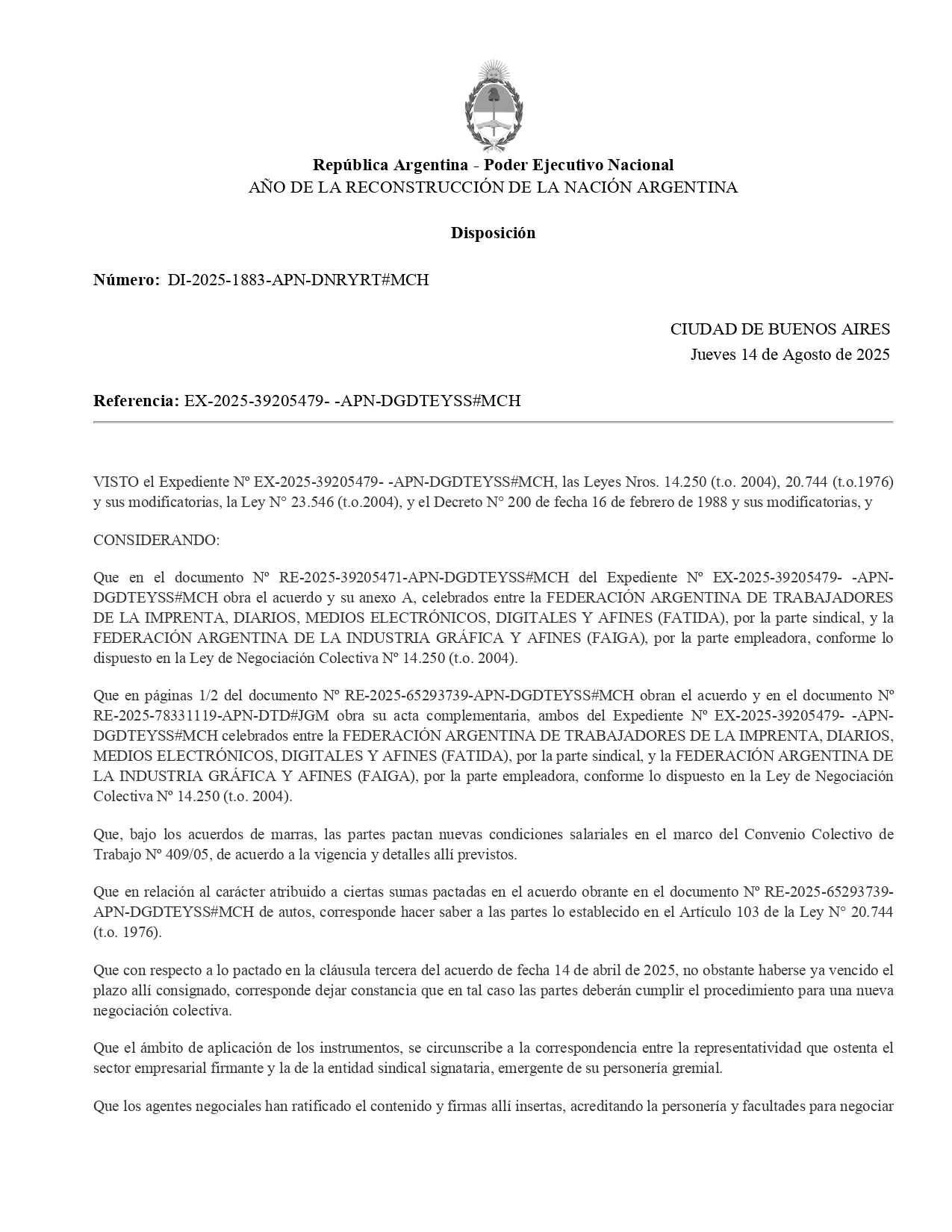 Homologación acuerdo salarial sector Obra FAIGA-FATIDA